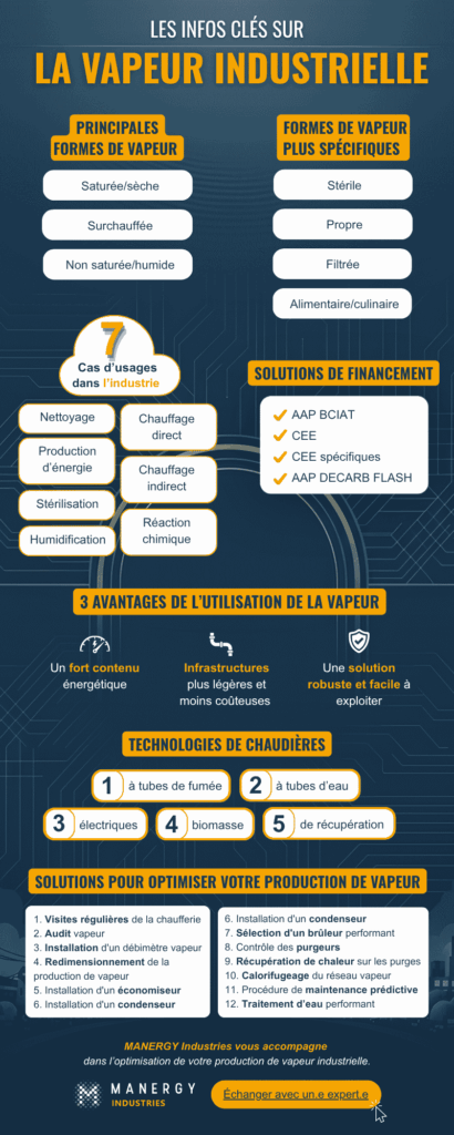 Infographie vapeur industrielle - formes de vapeur - cas d'usages - financements - avantages - technologies de chaudières - solutions d'optimisation